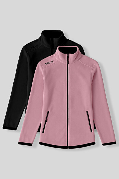 TOMMY LIFE Γυναικείο φούτερ από φλις με άνετη φόρμα με ψηλό γιακά 2 συσκευασιών μαύρο-αποξηραμένο ροζ - 97173