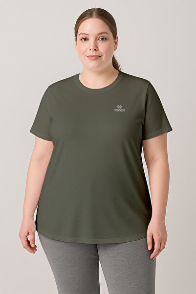 TOMMY LIFE Khaki Printed O-Neck Comfortable Fit Oversized Plus Size Women's T-Shirt - 97308