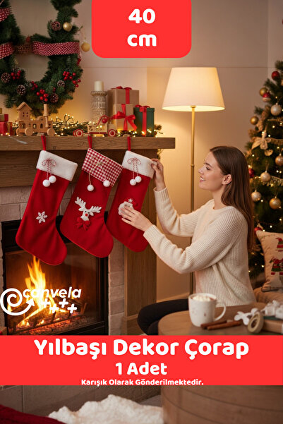 CANVELA 1 Adet Yılbaşı Dekor Çorap Şömine Duvar Süsü Christmas Çam Ağacı Süsü Noel Baba Asma Dekor Süs