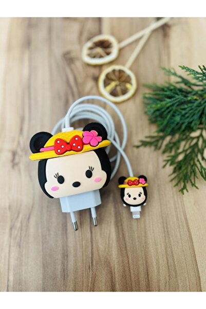 Mi7a Sevimli Silikon Şarj Başlığı Ve Kablo Koruyucu 2Li Set Süslü Minnie