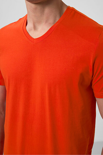 TOMMY LIFE Orange Basic Short Sleeve Standard Fit V-Neck Men's T-Shirt - 87912