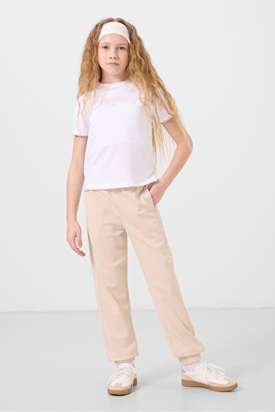 TOMMY LIFE Λευκό-μπεζ O λαιμό εμπριμέ λαστιχένιο πόδι Cargo Pocket Girl's Tracksuit Suit - 75173