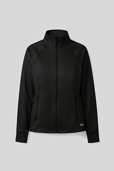 TOMMY LIFE Black Zippered Mock Neck Basic Comfortable Form Women's Running Jacket - 97310