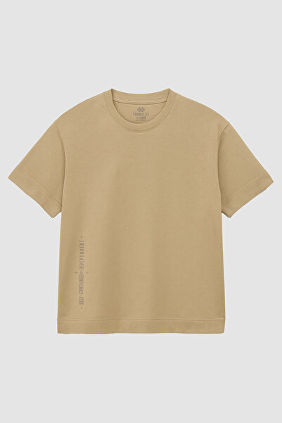 TOMMY LIFE Ανδρικό μπλουζάκι με στάμπα σε μπεζ χρώμα, άνετο και φαρδύ μεγάλο μέγεθος - 88472
