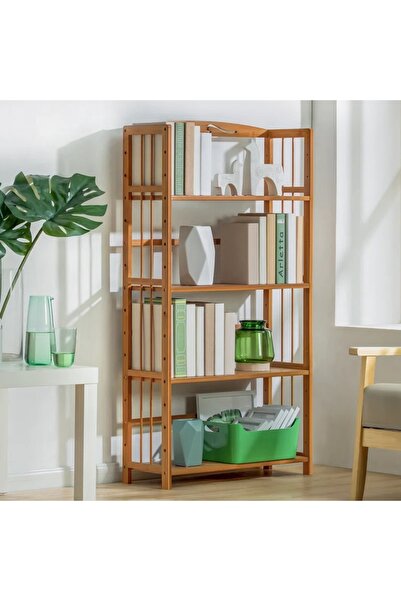genric رف كتب OneDcor من الخيزران بأربع طبقات - رف تخزين خشبي طويل ورف عرض