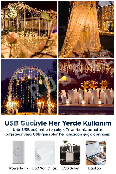 ROBEVE 3x3 Metre USB Peri Led Kumandalı Perde Asma Kancalı Peri Led Yılbaşı Led Gün Işığı Led Işık 8 Modlu