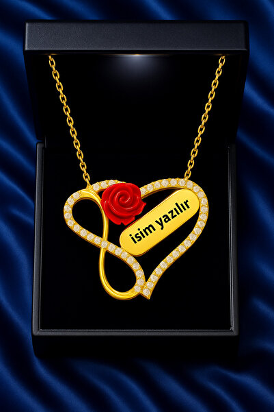 KAR DİAMOND 925 Ayar Gümüş Altın Kaplama Kırmızı Gül Sonsuzluk Kalpli isimli ...