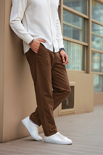 COMBİNE MİCHAİL Καφέ Χρώμα Ανδρικό Καλοκαιρινό Λινά Μείγμα Χαλαρό Παντελόνι - Καφέ