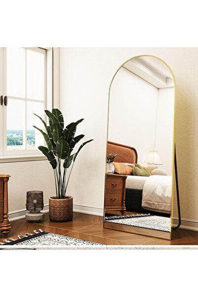 EFFE YAPI DEKOR مرآة ملابس بيضاوية قائمة بإطار معدني ذهبي { 173×66 } سم.