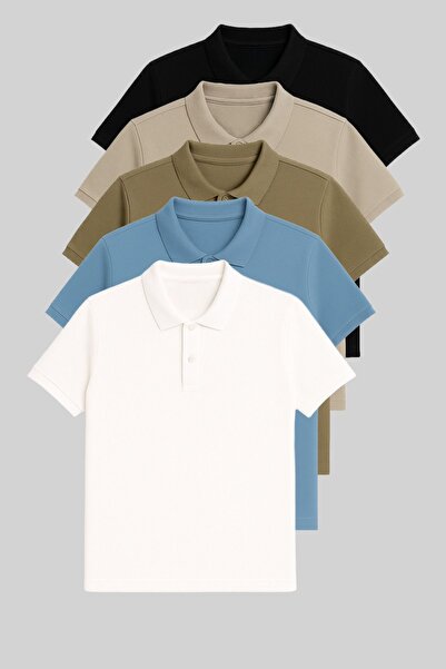 COMBİNE MİCHAİL Ανδρικό μπλουζάκι 5 τεμαχίων 100% βαμβακερό γιακά πόλο μαύρο-γκρι-χακί-βρεφικό μπλε-λευκό