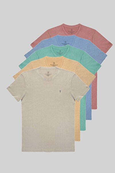 COMBİNE MİCHAİL Men's 5-Pack Crew Neck 100% Cotton T-Shirt Powder-Ice-Blue-Cagla-Beige-Grey