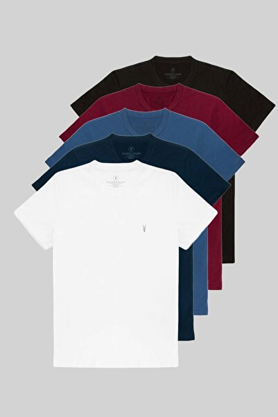 COMBİNE MİCHAİL Ανδρικό μπλουζάκι 5-pack 100% βαμβακερό καλοκαιρινό αντιιδρωτικό ύφασμα μαύρο-μπορντό-λουλακί-σκούρο μπλε-λευκό