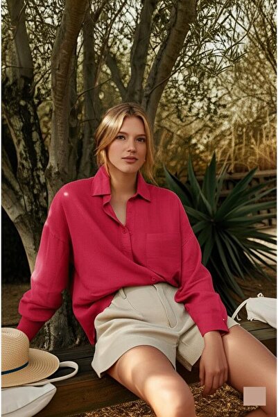 COMBİNE MİCHAİL Γυναικείο Φούξια Oversize Λινό Πουκάμισο