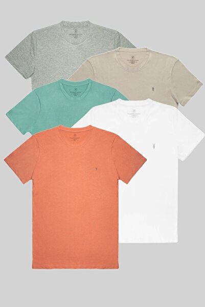 COMBİNE MİCHAİL Ανδρικό T-shirt Slim Fit Crew Neck - Σετ 5 γκρι, Cagla, Λευκό, Πορτοκαλί