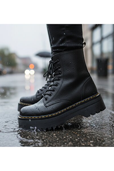 MORİPLİK Martines Siyah Kadın Bağcıklı Fermuar Detaylı Deri Postal Bot
