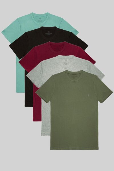 COMBİNE MİCHAİL Ανδρικό πακέτο με 5 μπλουζάκια-100% βαμβάκι, χακί-Grimelange-μπορντό-μαύρο-Cagla