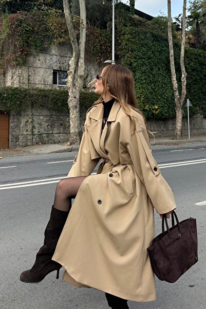 Laluvia Caramel Lucky Button Detailed Oversized Trench Coat