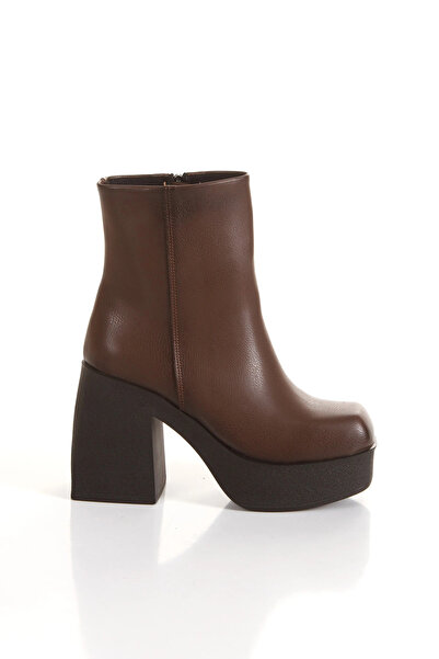Miss Mitto Kadın Kahverengi Suni Deri Cilt Küt Burunlu Yüksek Topuklu Sade Şık ve Rahat Bot