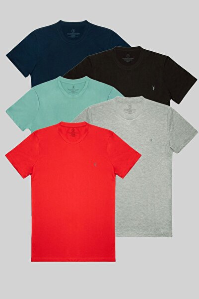 COMBİNE MİCHAİL Ανδρικό T-shirt Slim Fit Crew Neck - Σετ 5 Navy Blue, Μαύρο, Cagla, Grimelange, Κόκκινο