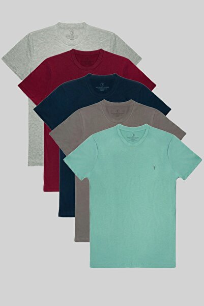 COMBİNE MİCHAİL Ανδρικό σετ μπλουζάκι με κανονική εφαρμογή Crew Neck 5 τεμαχίων - Cagla-Fume-Navy Blue-Burgundy-Grimelange