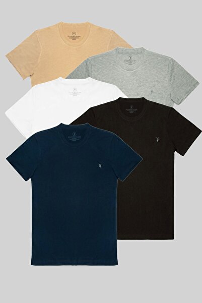 COMBİNE MİCHAİL Ανδρικό μπλουζάκι μπεζ-Grimelange-Λευκό-Μαύρο-Μπλε Navy 100% βαμβακερό 5 πακέτο