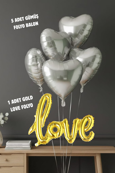 Baloncu Demmo 5 Pieces Silver Foil, 1 Piece Love Foil 1 Piece Raffia, Balloon...