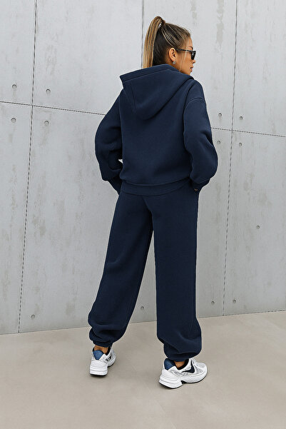 DUBU BUTİK Προσωπικό Σετ Αθλητικό Φούτερ Jogger - Navy Blue με τύπωμα oversized επένδυση fleece με κουκούλα