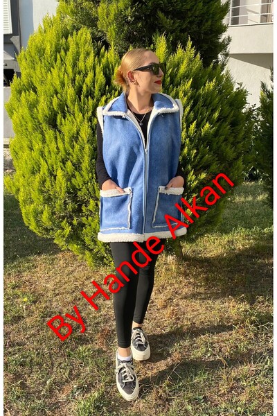 By Hande Alkan Women's Plus Size Leather Plush Combination Waterproof Vest