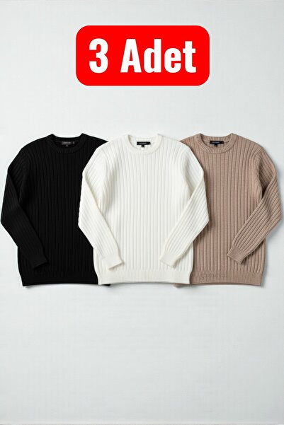 legends butik 3 Adet Erkek Bisiklet Yaka Kalın Kışlık Triko Kazak Seti