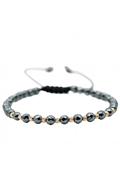 MANAVA Bracelet with 10 14k Gold balls and faceted gray hematite, adjustable
