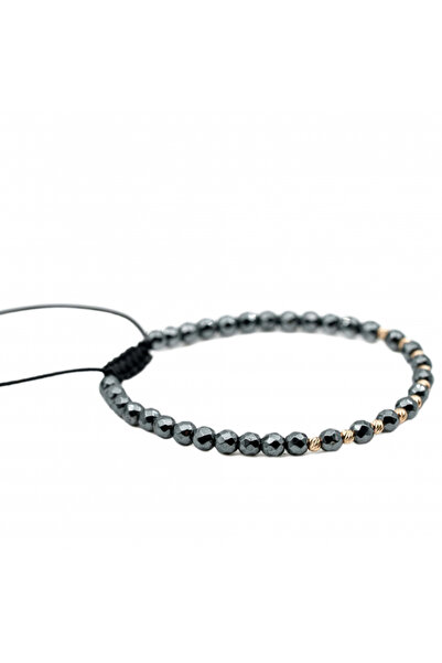 MANAVA Bracelet with 10 14k Gold balls and faceted gray hematite, adjustable