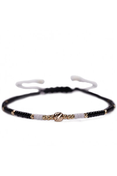 MANAVA Brățară cu 17 bile de Aur 14k și bile Miyuki alb-negru, reglabilă