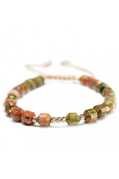 MANAVA Brățară cu 9 bile de Aur 14k și pietre semiprețioase Unakite, reglabilă