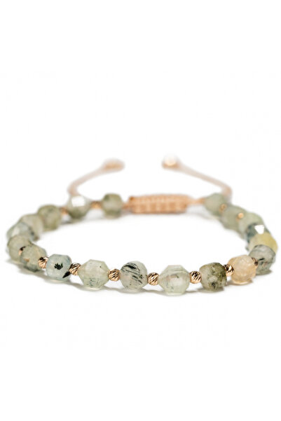 MANAVA Brățară cu 20 de bile de Aur 14k și pietre semiprețioase Prehnite, reglabilă