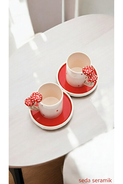 seda seramik Handmade Dila Design Mushroom Handle 4-Piece Ceramic Coffee Cup Set for 2 People 100 Ml.