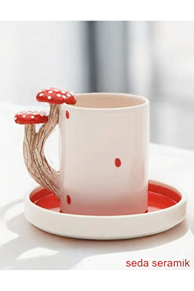 seda seramik Handmade Dila Design Mushroom Handle 4-Piece Ceramic Coffee Cup Set for 2 People 100 Ml.