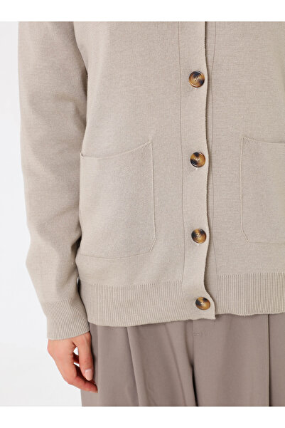 Refka Pocket Detailed V-Neck Knitwear Cardigan - Beige -