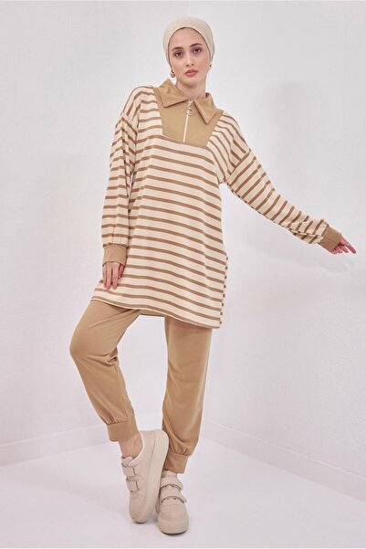 TRENDTESETTÜR WOMEN'S COFFEE (CAMEL) STRIPED PANT SUIT T 8643
