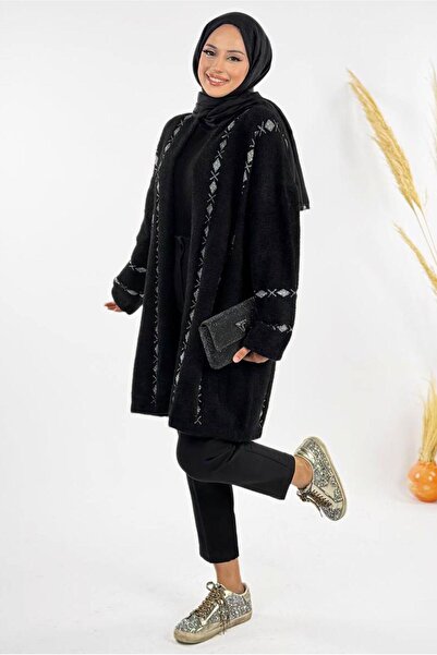 TRENDTESETTÜR Women's Black (Black-Silver) Patterned Cardigan t 72381