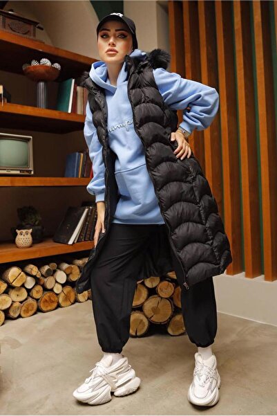 TRENDTESETTÜR Women's Black K Hooded Fur Inflatable Vest 7429