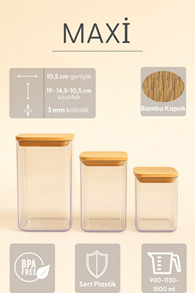 Fhilli Maxi - Set of 9 Bamboo Vacuum Lid Plastic Grain Food Storage Containers 900-1130-1500 ml
