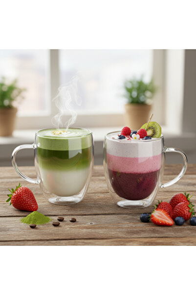 Salestore.ro Set of 2 Double-Walled Heat-Resistant Mugs Borosilicate Glass, 350 ml, Transparent