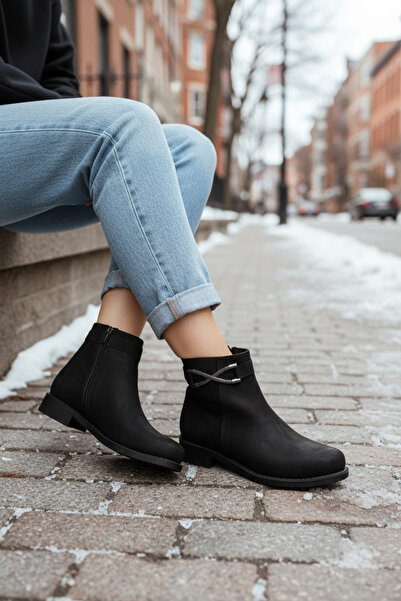 Y&D Shoes 2025 New Season Women's Black Buckle Stone Zipper Flat Heel Casual Boots