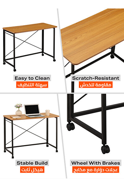 Lawazim Folding Table 100x50x75cm - Computer Desk with Wheels Wooden Top and Iron Legs