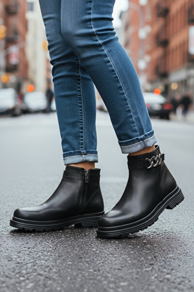 Y&D Shoes 2025 New Season Women's Black Buckle Stone Zipper Flat Heel Casual Boots