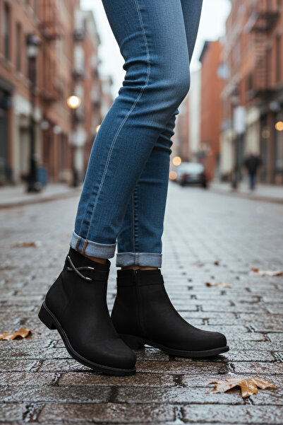 Y&D Shoes 2025 New Season Women's Black Buckle Stone Zipper Flat Heel Casual Boots