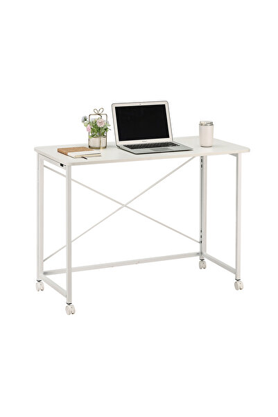 Lawazim Folding Table 100x50x75cm - Computer Desk with Wheels Wooden Top and ...