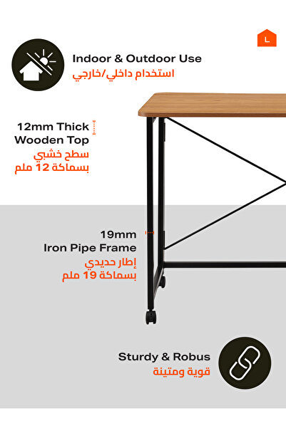 Lawazim Folding Table 100x50x75cm - Computer Desk with Wheels Wooden Top and Iron Legs