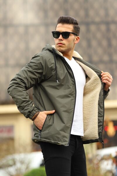 comstar Men's Furry Water Resistant Hooded Pocket Raincoat Khaki