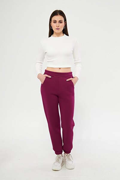 ESPİNA Cherry Colored Women's Jogger Sweatpants Made of Three Thread - Elastic Waist and Legs